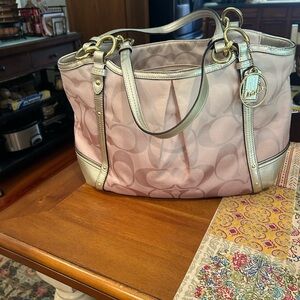 Coach Pink Signature Tote with Metallic Gold Trim and Charm